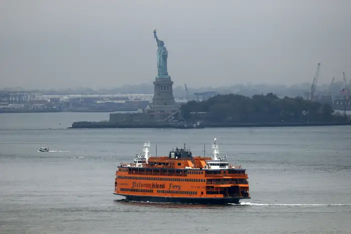 A Staten Island Ferry ship crossing New York Harbor.